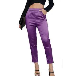 heipeiwa Damen-Satin-Hosenkleid, leger, plissiert, zum Überziehen, hohe Taille, Hose mit Taschen, Drapieren Lila, X-Groß