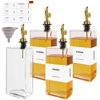 Otauoaea Ölflasche 4 x 500ML Olivenöl Flasche, Essig und Ölflaschen Set, Transparent Ölspender Glas für Küche, Ölflasche mit Ausgießer Sirup Spender, Öl und Essig Spender mit Aufkleber und Trichter