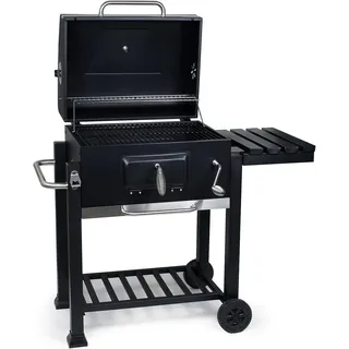 Grillwagen mit Deckel, Holzkohle-Grill mit Ablagefläche und Belüftungsöffnung, rollbarer Grillwagen mit höhenverstellbarer Grillfläche, inklusive Thermometer