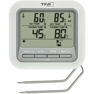 TFA Dostmann Digitales Grill-Thermometer Bratenthermometer, 14.1516, mit 2 Edelstahlsonden, Fleischthermometer für Backofen und Grill, bis 300°C, mit Alarmfunktion, Rind/Schwein/Hühnchen/Fisch, weiß