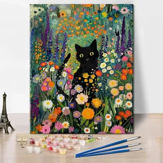 TISHIRON Malen nach Zahlen für Erwachsene Schwarze Katze Ölgemälde für Erwachsene Tiere DIY Acryl Malen nach Zahlen Kits auf Leinwand Bunte Blumen Zeichnung für Home Wall Decor 40 x 50 cm(rahmenlos)