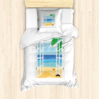 ABAKUHAUS Strand Mantele, Fenster-Ansicht Ozean-Blätter, Milbensicher Allergiker geeignet mit Kissenbezügen, 135 cm x 200 cm - 80 x 80 cm, Blue Sand, Braun, Weiß