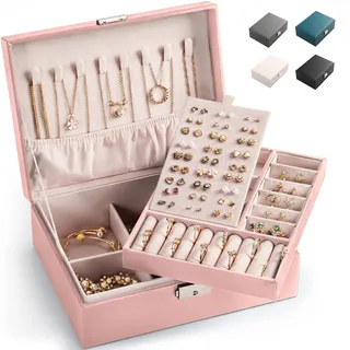 Schmuckkästchen Schmuckkoffer Abschließbarer Schmuckkasten Schmuck Kästchen Organizer für Ketten, Ohrringe, Ringe, Frauen (Rosa-M)