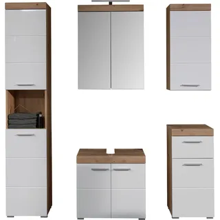 trendteam Bad 5-teilige Kombination Amanda Asteiche Melamin/Weiß Hochglanz Tiefzieh 164 x 190 x 34 cm - Braun