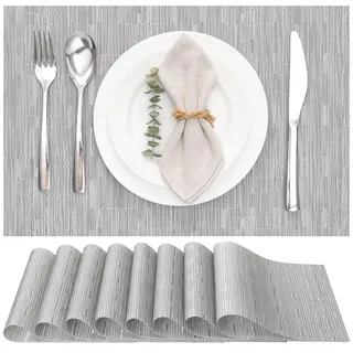 Myir JUN Tischsets Abwaschbar 8er Set, Gewebte Platzdeckchen rutschfest Abgrifffeste Hitzebeständig, Vinyl Platzsets Abwaschbar für küche Speisetisch Hotel, Platz-Matten30x43.5cm (Silber)