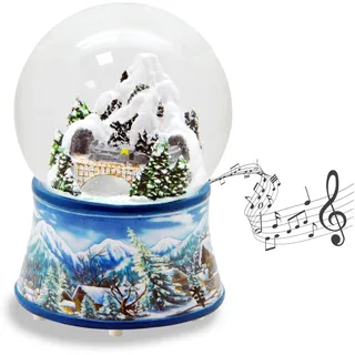 Schneekugel Winter Weihnachten Berglandschaft mit Brücke | Sockel Winterlandschaft hellblau | mit Spieluhr | H:14 cm B: 10 cm | Schüttelkugel | 20256