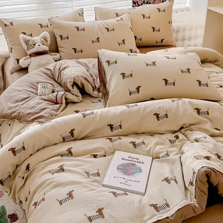 Sedefen Bettwäsche 155x220cm Dackel Beige Braun Wendebettwäsche Set 2 Teilig Wursthund Dackel-Motiv Bettwaren-Sets Microfaser ÖKO-TEX Bettbezug mit Reißverschluss und 1 Kissenbezug 80x80cm