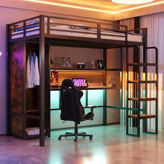 MODFU Metall-Hochbett 90x200 cm mit mehrfarbiger LED-Lichtleiste und Schrank,Einzelbett mit Schreibtisch und Vertikale Treppe,Jugendbett mit Stecktafel,ohne Matratze,schwarz - Schwarz