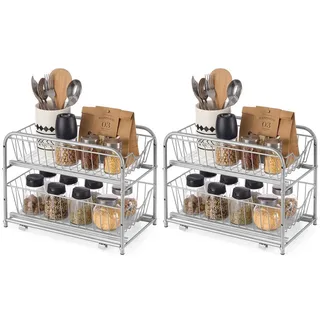 Songmics Küchen-Organizer, Küchenregal, Ordnungssystem, 2 Ebenen, stapelbar, erweiterbar, mit Metallkörben, für Küche, Badezimmer, taubengrau KCS017E01V1
