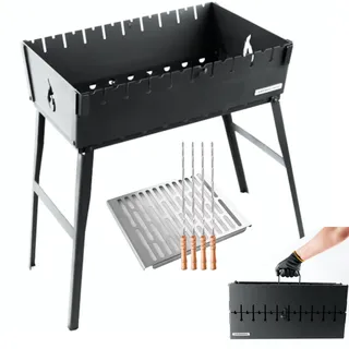 Grill-MANGAL 60 x 40 cm mit Tasche Gratis | 3 mm Warmgewalzter Stahl Tragbarer Holzkohlegrill im Kofferdesign für 10 Spieße – Faltbarer BBQ Schaschlik Kebab Grill für Camping (Mangal Schwarz Set)