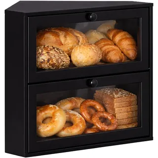 Relaxdays Eck-Brotkasten Bambus, 2 Etagen, Brotlade mit Sichtfenster, HBT: 35x40x27,5 cm, Brotbox platzsparend, schwarz