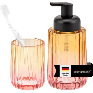 bremermann Badezimmer Zubehör-Set 2tlg. bestehend aus 1x Schaum-Seifenspender und 1x Zahnputzbecher aus Glas, orangerot - Orange
