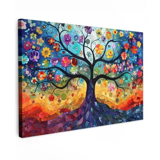 MuchoWow Leinwandbild Kunst - Baum des Lebens - Blumen - Hippie XXL 150x100 cm , Textil , Rechteckig , 150x100 cm , FSC 100% , gerahmt , Bilder & Rahmen, Bilder, Leinwandbilder