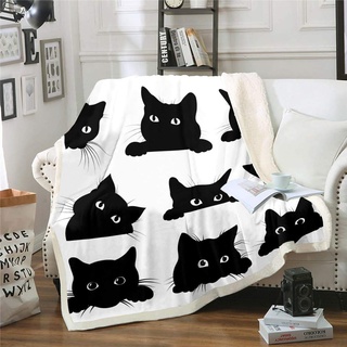 Tbrand Schwarzer Katzendruck Wohndecke für Kinder Mädchen Haustier Katzen Muster Flanell Fleecedecke Decke Süße Katzen Tier Thema Kuscheldecke 150x200cm für Couch Bett Sofa Decke Schwarz Weiß