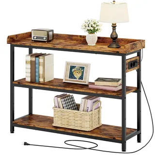 IRONCK Konsolentisch mit Ladestation, Schmaler Beistelltisch mit 3 Ablagen, Flurtisch, Sofatisch mit Type C Anschluss, Eingangstisch Flur, Wohnzimmer, Büro,109x35x76cm, Industriel Schwarz