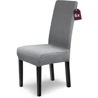 Scheffler Home Stuhlhussen Emil Grau 6er Set Elastische Stuhlbezüge mit edlem Schachbrett-Design in 3D-Struktur – Waschbare Stuhlabdeckungen für Schwingstühle & Esszimmerstühle – Öko-Tex Zertifiziert