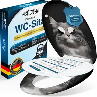 YELCONA WC Sitz Mit Absenkautomatik -Antibakteriell, Toilettendeckel Mit Absenkautomatik UV-Beständig, Klodeckel Mit Absenkautomatik - Quick-Release Funktion, Inkl. Installationsschablone (Cool Cat)