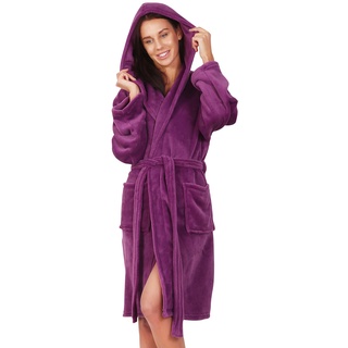 DecoKing Bademantel mit Kapuze XS kurz Damen Herren Unisex Morgenmantel weich leicht flauschig Mikrofaser Fleece Robby violett