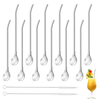 12 Stück Strohhalm Mit Löffel (2-in-1)–Wiederverwendbare Slush Strohhalme mit 2 Stück Reinigungsbürste für Smoothies,Milchshakes,Cocktails & Kaffee–Langlebige Strohhalmlöffel aus Metall