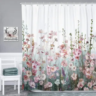 SUMGAR Blume Duschvorhang 180x180 Rosa Badezimmervorhänge Polyester Wasserdicht Badevorhang mit 12 Haken, Waschbar und Schnell Trocknend Duschvorhang Bunte Blüte mit grünem Pflanze