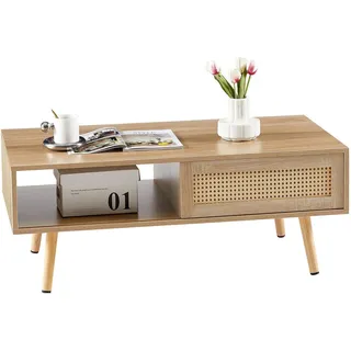 Okwish Couchtisch 105/55/40 cm natur aus MDF mit Rattan-Schiebetür , Braun , Holzwerkstoff , 55x40x105 cm , Wohnzimmer, Wohnzimmertische, Couchtische