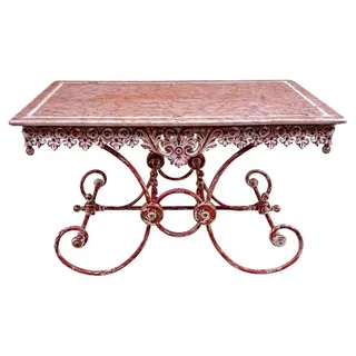 Casa Padrino Jugendstil Gartentisch aus Schmiedeeisen und Marmor in Antik Rot und Weiß, 130 x 80 x H. 75 cm - Rot, Weiß
