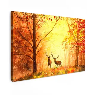 MuchoWow Leinwandbild Natur - Ölfarbe - Hirsche - Tiere - Herbst - Orange Wanddeko 90x60 cm , Textil , Rechteckig , 90x60 cm , FSC 100% , gerahmt , Bilder & Rahmen, Bilder, Leinwandbilder