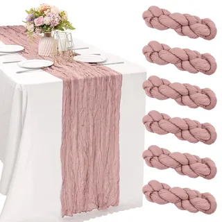 Seihtuch-Tischläufer, Boho, Gaze-Stoff, rustikal, durchscheinend, für Hochzeit, Geburtstag, Babyparty, Party, Boho-Tischdekoration, Altrosa, 6 Stück
