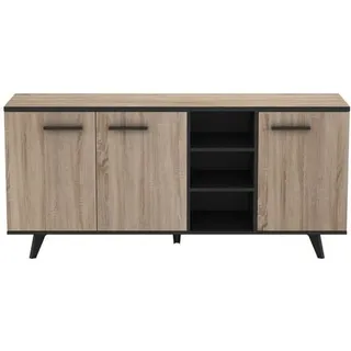 Zeitgenössisches niedriges Sideboard aus gebürsteter Eiche und mattschwarz, 161 cm - Schwarz