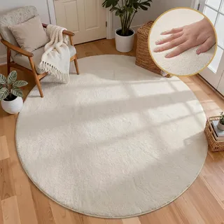Homcomodar Runder Teppich Wohnzimmer 160cm Beige Teppich Schlafzimmer Kurzflor Anti-Rutsch Wohnzimmerteppich Flauschiger Teppiche für Schlafzimmer,Wohnzimmer,Esszimmer,Küchenteppich,Kinderzimmer