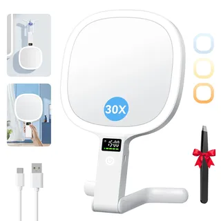 Auxmir Kosmetikspiegel mit Beleuchtung LED Display für Zeit/Akku/Helligkeitsstufe, Doppelseitig 30X/1X Schminkspiegel mit 3 Farben, Faltbar Tragbar Reisespiegel Tischspiegel USB Aufladbar, 2500mAh