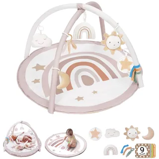 Mallify Spielbogen Baby Mädchen, Krabbeldecke für Baby mit 7 abnehmbaren sensorischen Spielzeugen und 12 Meilensteinkarten, Spieldecke baby ab Geburt, Baby Gym 0-6 Monate, Rainbow