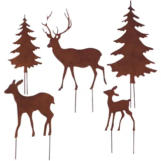 Storm's Gartenzaubereien Gartenstecker Deko Rehe und Hirsche mit 2 Tannen in Rostpotik 5er Set - Weihnachtsdeko zum Basteln - Gartendeko