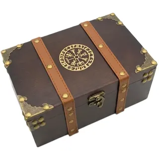 vuagmiv Holz- und Ledertruhe, Der Runen-Wikinger-Kompass, gravierte Holzkiste mit Samtfutter, Vegvisir-Wiccan-Zubehör und Werkzeug-Aufbewahrungsbox