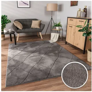 Paco Home Teppich Wohnzimmer Schlafzimmer Kurzflor Uni Farben, 3D-Design, Rauten Muster, besonders weich, Grau Anthrazit
