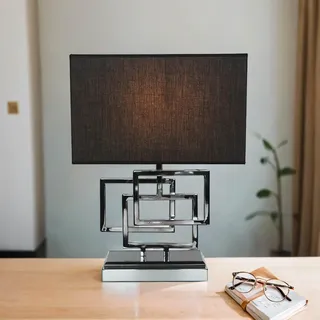 Licht-Erlebnisse Tischleuchte Design eckig in Silber Schwarz Metall und Stoff H:49cm Modern Nachttischlampe Ambientebeleuchtung Tischlampe Innen Qualität