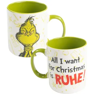 United Labels Grinch Tasse 320 ml, Grün Weiß, Kaffeebecher All I want for Christmas is Ruhe, Kaffeetasse aus Keramik, Weihnachtstasse