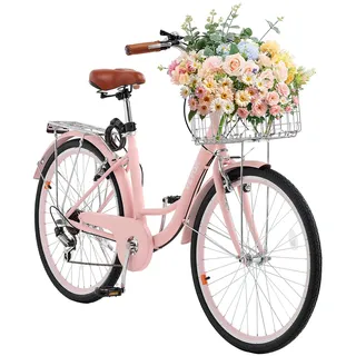 Vevor Cruiser Fahrrad mit 7 Gängen (Reifendurchmesser 660,4 mm) Beach Fahrrad mit großem Korb & Gepäckträger, Cruiser-Fahrrad mit verstellbarem Sitz, für Radfahren Trainieren & Einkaufen Rosa