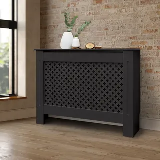 ECD Germany Heizkörperverkleidung mit Wabenmuster 112x19x82 cm, Schwarz, aus MDF lackiert, Heizungsverkleidung für Schlafzimmer Wohnzimmer - Schwarz