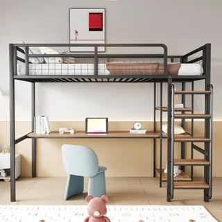 Ball & Cast Loft Bed (90x200cm) mit Tisch und Regalen, Metall-Hochbett mit Sicherheitsleiter, Stabil & Rauschlos, Schwarz