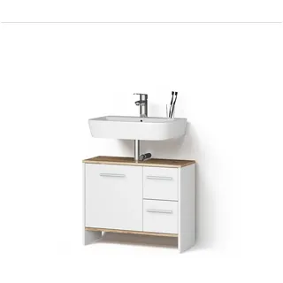 livinity® Waschbeckenunterschrank Amalfi Weiß/Goldkraft Eiche 70.2 x 57 cm mit 2 Schubladen und 1 Tür