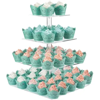 CECOLIC Cupcake Ständer 4 Etagen Quadratisch Cupcake Halter, Transparenter Acryl Cup Kuchen Ausstellungsständer, Dessert Gebäckturm für Hochzeit, Geburtstag, Party Dekoration (Quadratisch – 30,5cm)