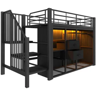 Modfu Hochbett Halbhochbett aus Metall 90x200 cm in Schwarz mit LED-Beleuchtung, Schubladen & Stauraum , Rechteckig , 90x200 cm , Babymöbel & Kindermöbel, Kinderzimmer & Jugendzimmer, Kinderbetten, Hochbetten