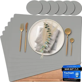 Mahewa® 6er Set Premium Tischset aus Kunstleder - Platzset abwaschbar und wasserdicht - Platzdeckchen Telleruntersetzer in Lederoptik (Hellgrau, Eckig)