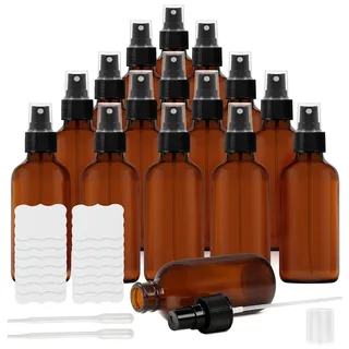 BELLE VOUS 16er Pack Kleine Sprühflasche aus Braunglas 120ml Sprühflasche Glas - Nachfüllbare Braunglas Sprühflaschen zum Befüllen mit Etiketten für Ätherische Öle, Reinigung, Aromatherapie & Parfüm