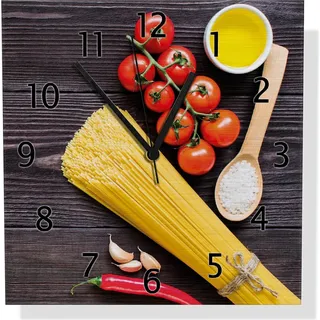 Wallario Design Wanduhr Italienisches Menü mit Spaghetti, Tomaten, Salz und Chilischoten aus Aluverbund, Größe 30 x 30 cm - Gelb