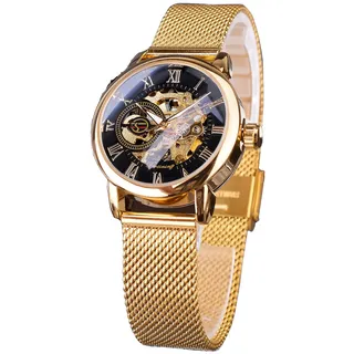 FORSINING Automatische mechanische Damenuhr, luxuriöses Skelett, goldenes Zifferblatt, Edelstahl-Mesh-Band, römische Ziffern, selbstaufziehende Uhr, gold, Armband