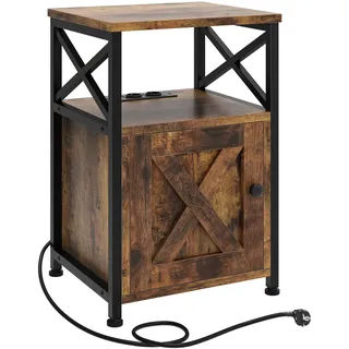 YITAHOME Beistelltisch, Nachtschrank mit Kabinett, X-förmiger Wohnzimmertisch mit Ladestation, 2 USB-Anschlüssen und Steckdosen, Nachtkonsole, Metallgestell, 40x35x60cm, Vintage-Braun