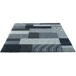 Wollteppich THEKO "Domas 4028", grau (anthrazit), B:70cm H:12mm L:140cm, Schurwolle, Teppiche, Wollteppich, Kurzflor, reine Wolle, handgeknüpft, modernes Patchwork Design