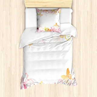 ABAKUHAUS Pastell Bettbezug Set für Einzelbetten, Blumenfrühling Kranz, Milbensicher Allergiker geeignet mit Kissenbezug, Hellrosa Ingwer und Grün - Grün